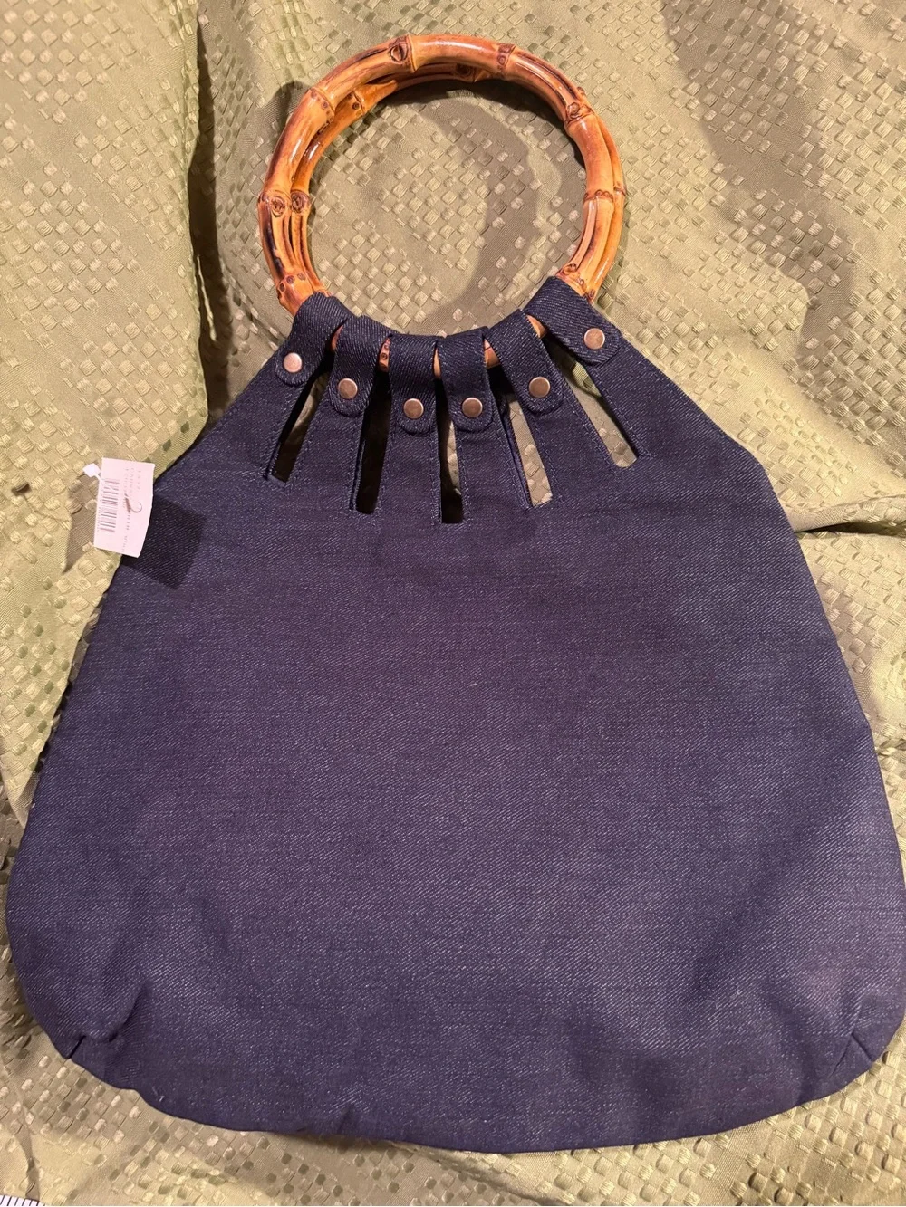 Handheld Bamboo-Handle Embroidered Navy Tote - Picture 6 of 7
